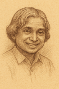 “Sepia-toned pencil sketch of young A.P.J. Abdul Kalam smiling, wearing a simple shirt, with soft shading on textured background.”