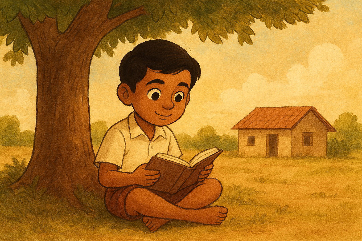 “Illustration of young A.P.J. Abdul Kalam sitting under a tree with a book in his hands, a simple rural house in the background, warm inspirational tone.”
