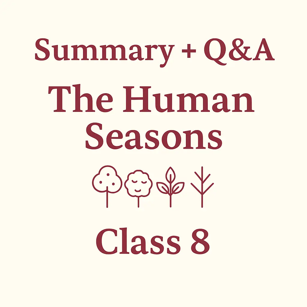 Summary and Q&A The Human Seasons Class 8 educational graphic with four seasonal tree icons.