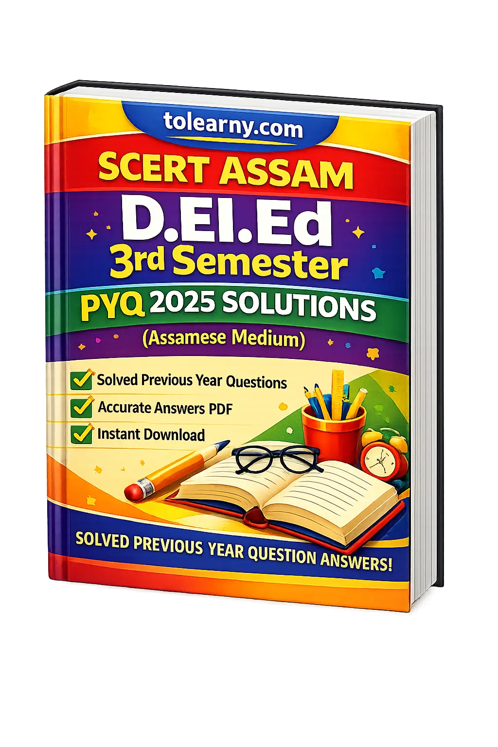 SCERT Assam D.El.Ed 3rd Semester PYQ 2025 Solutions Assamese Medium book cover