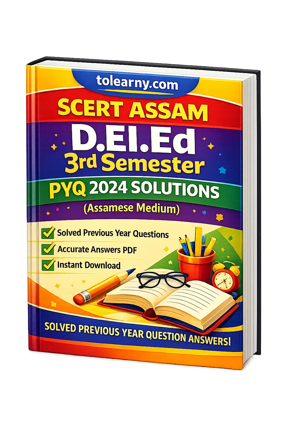 SCERT Assam D.El.Ed 3rd Semester PYQ 2024 Solutions Assamese Medium book cover