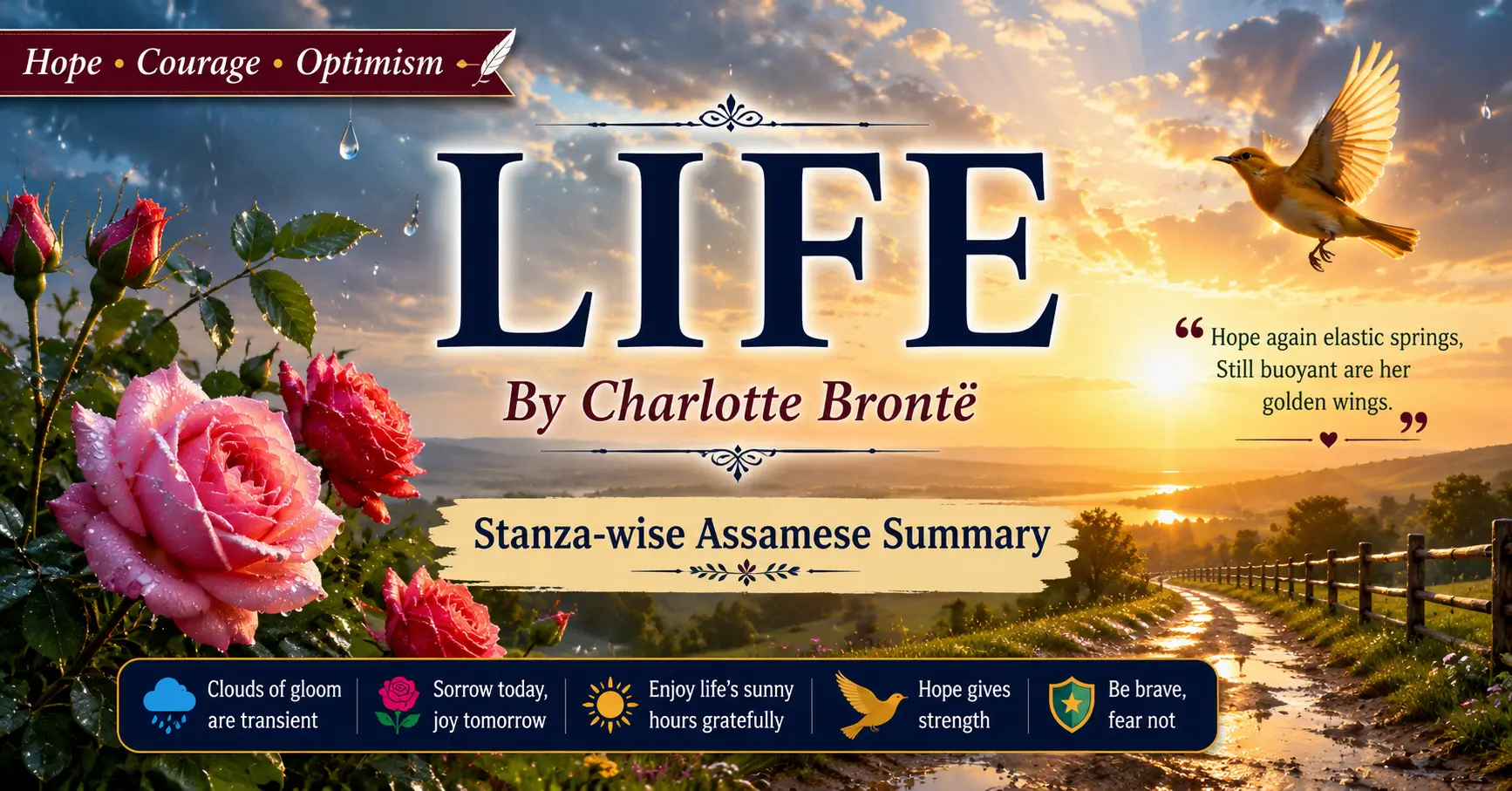 Life poem by Charlotte Brontë stanza-wise Assamese summary featured image showing sunrise, blooming roses, hope, courage and optimism in life